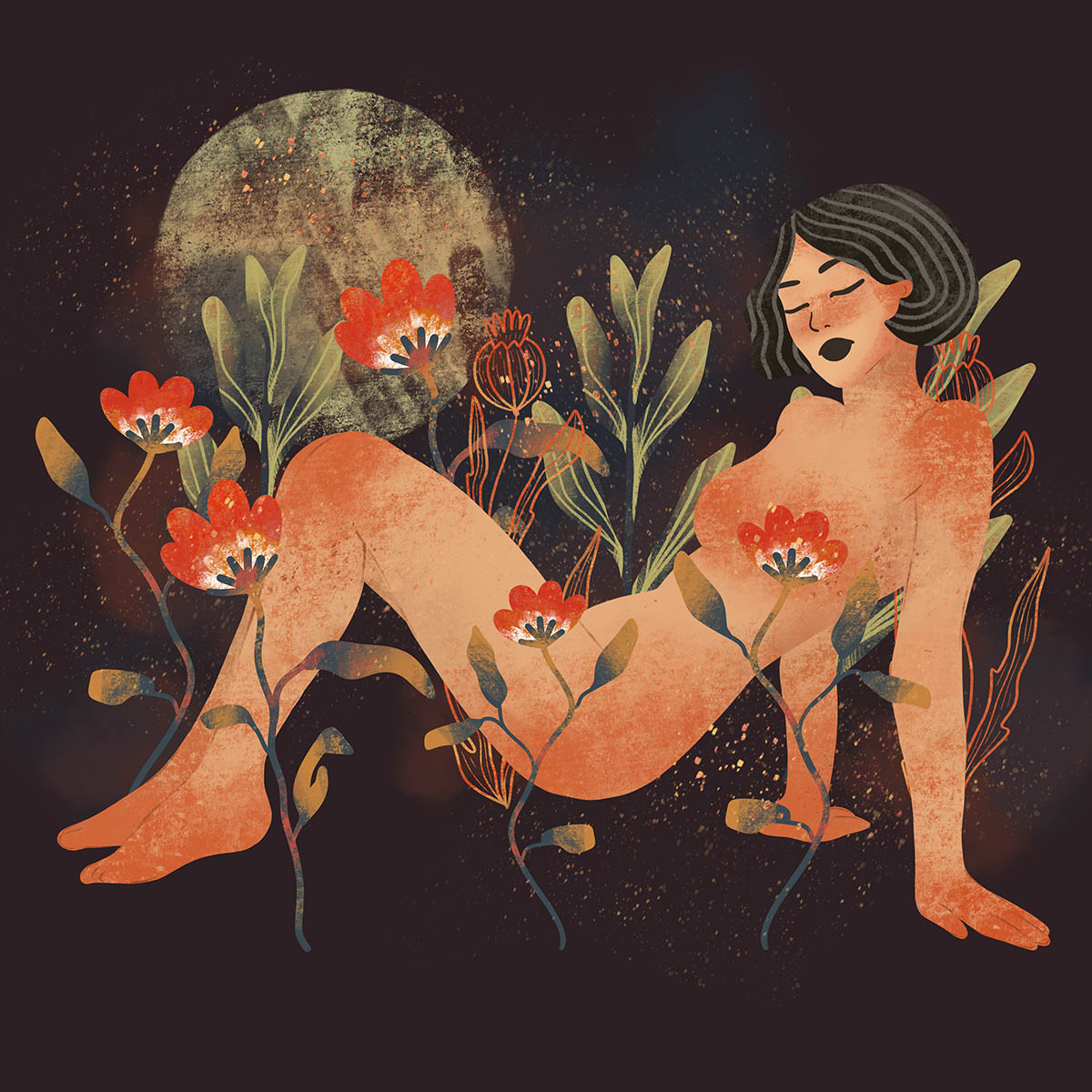 Woman body. Raster textural illustration of a female and flowers