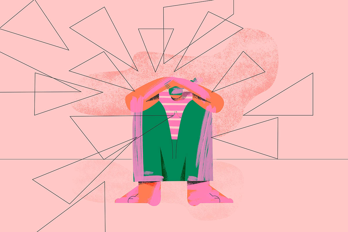 Anxiety concept illustration. Person suffering anxiety attack sy