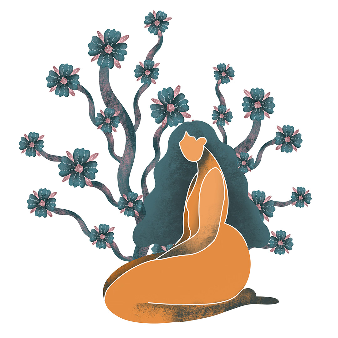 Woman body. Raster textural illustration of a female and flowers