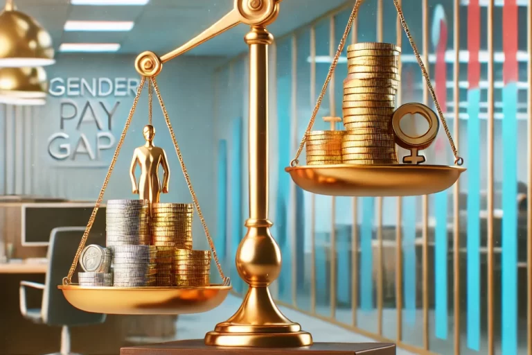 DALL·E 2024-11-20 09.03.14 – A visually striking image representing the gender pay gap. The image features a balanced scale with a stack of coins on one side labeled ‘Men’ and a n