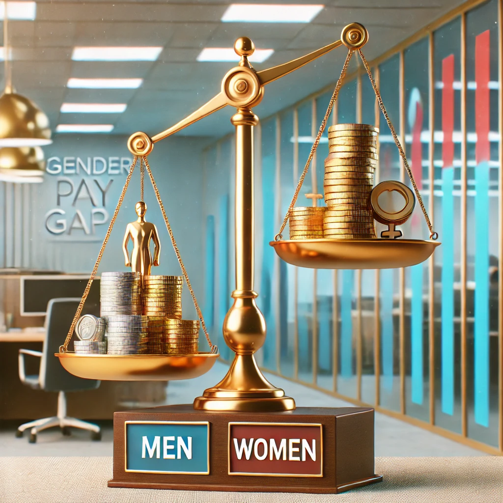 DALL·E 2024-11-20 09.03.14 – A visually striking image representing the gender pay gap. The image features a balanced scale with a stack of coins on one side labeled ‘Men’ and a n