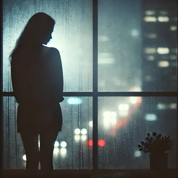 DALL·E 2024-12-02 22.04.53 – A silhouette of a woman standing alone in a soft spotlight, set against a dark and blurred background to evoke a sense of isolation. The woman is near