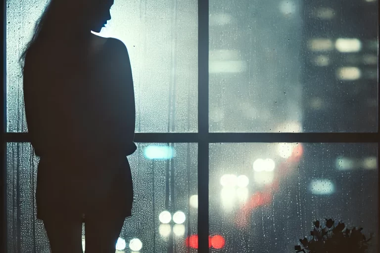 DALL·E 2024-12-02 22.04.53 – A silhouette of a woman standing alone in a soft spotlight, set against a dark and blurred background to evoke a sense of isolation. The woman is near
